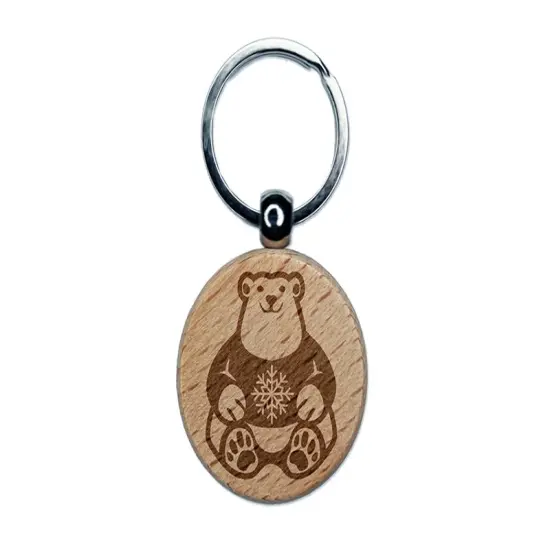 Polar Bear in Snowflake Christmas Sweater Engraved Wood Round Keychain Tag Charm {1}