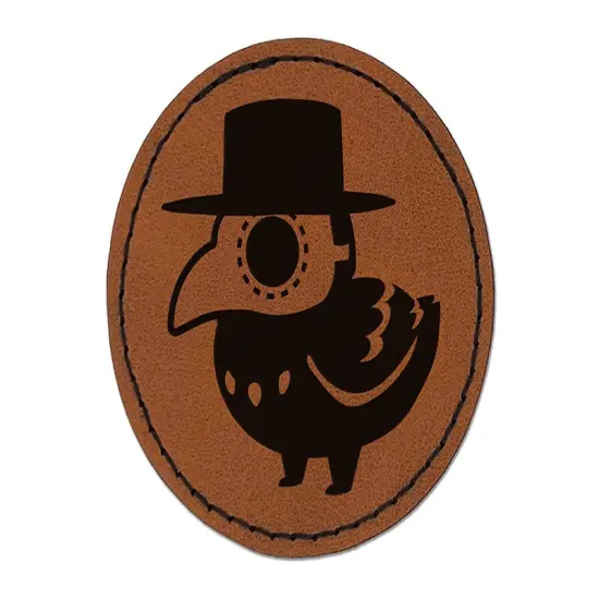 Cute Chibi Raven with Plague Doctor Mask Round Iron-On Engraved Faux Leather Patch Applique - 2.5" Brown {1}
