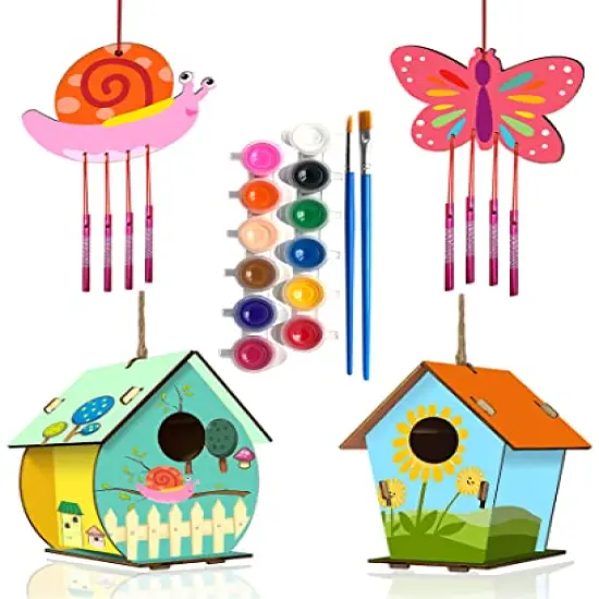 4 Pieces DIY Bird House Wind Chime Kits for Children to Build and Paint, Wooden Arts and Crafts for Kids Girls Boys Toddlers Ages 8-12 4-6 6-8, Paint Kit Includes Paints & Brushes {2}