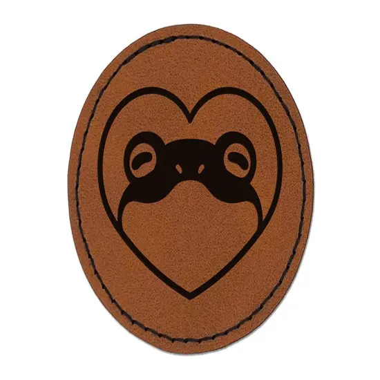 Frog Inside of Heart Round Iron-On Engraved Faux Leather Patch Applique - 2.5" Brown {1}