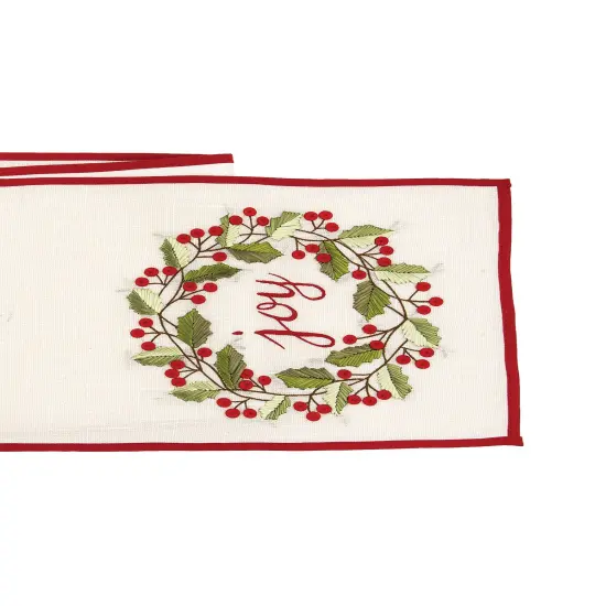 Embordered "Joy" Sentiment w/ Holly Berry Wreath on Off White Background w/ Red Trim Cotton Table Runner 14" x 72" {4}