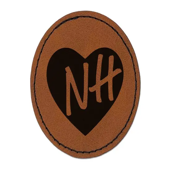 NH New Hampshire State in Heart Round Iron-On Engraved Faux Leather Patch Applique - 2.5" Brown {1}