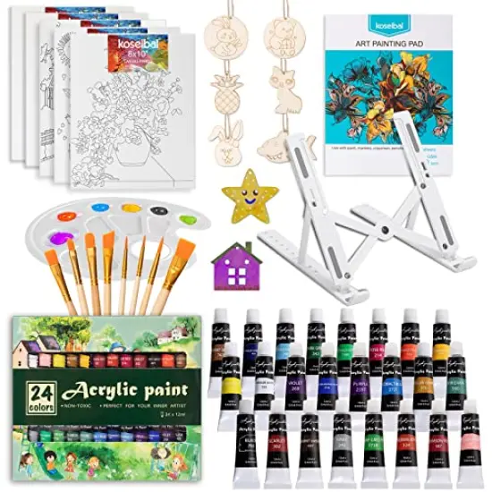 48 Piece Painting kit with 24 Acrylic Paints, 8 DIY Wooden Stencils 5 Canvas Panels 8 Brushes, Table Easel, Etc, Art Supplies Set for Kids Students Artists and Beginner. {1}