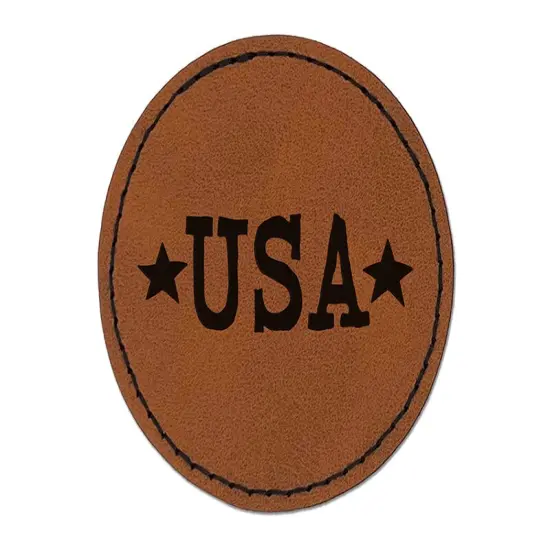 USA with Stars Patriotic Fun Text Round Iron-On Engraved Faux Leather Patch Applique - 2.5" Brown {1}
