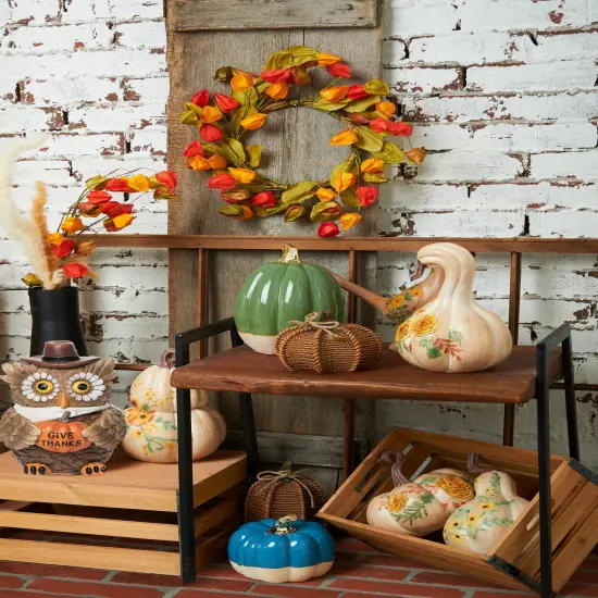 "Give Thanks" Owl Bird with Sunflower Eyes Pumpkin Small Thanksgiving Figure Figurine {3}