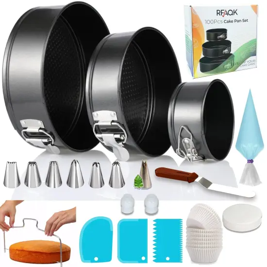 100 Pieces Cake Pan Sets for Baking + Cake Decorating Kit: 3 Non-Stick Springform Pans Set (4, 7, 9 inches), Piping Tips, Cake Leveler &ndash; Multi-functional Leak-Proof CheeseCake Pan & eBook {2}
