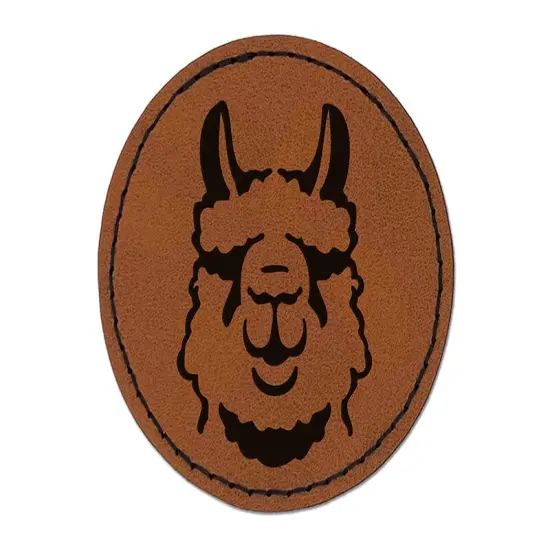 Fluffy Wooly Llama Head Round Iron-On Engraved Faux Leather Patch Applique - 2.5" Brown {1}