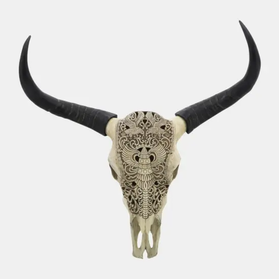 Kingston Living Bull Skull Wall Sculpture - 28" - Off White and Black {3}