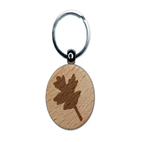 Oak Leaf Solid Engraved Wood Round Keychain Tag Charm {1}