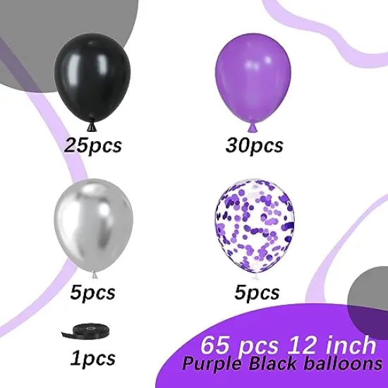 65 Pieces Purple Black Silver Latex Balloons, 12 Inches Metallic Silver Purple Confetti Balloons with 1 Ribbon for Halloween, Birthday, Graduation, Anniversary,Wednesday party decorations {6}