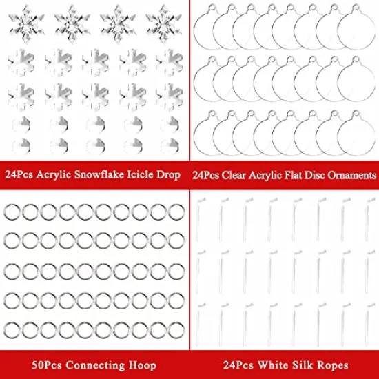 24 Pack Christmas Tree Ornaments Set - 3 Inch Clear Acrylic Flat Disc Ornaments DIY Christmas Crafts with Transparent Crystal Snowflakes for Christmas Winter New Year Party Hanging Decorations {5}