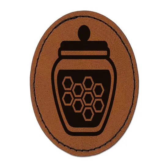 Honey Jar with Honeycomb Round Iron-On Engraved Faux Leather Patch Applique - 2.5" Brown {1}