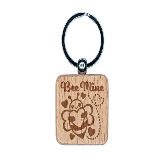 Bee Be Mine Love Hugging Heart Valentine's Day Engraved Wood Square Keychain Tag Charm {1}