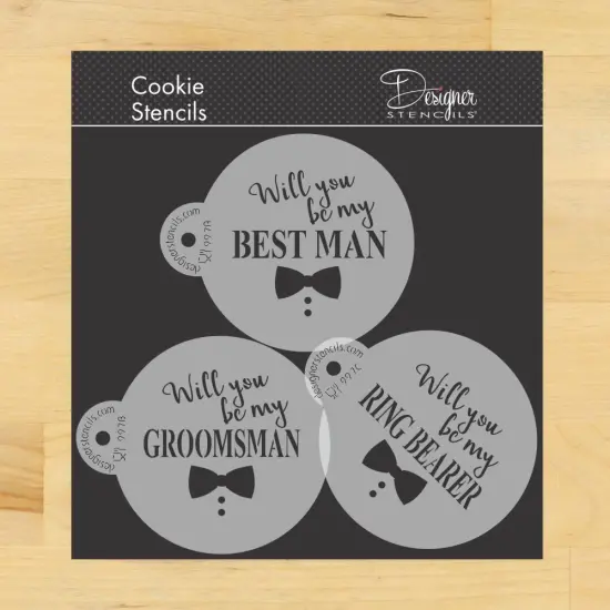 Will You Be My Groomsmen? Cookie Stencil Set | C997 by Designer Stencils | Cookie Decorating Tools | Baking Stencils for Royal Icing, Airbrush, Dusting Powder | Reusable Plastic Food Grade Stencil for Cookies | Easy to Use & Clean Cookie Stencil {1}