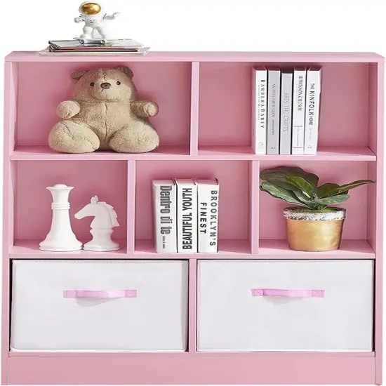 Storage Bookcase with Fabric Drawer, Modern Display Toy Cabinet. Pink {1}