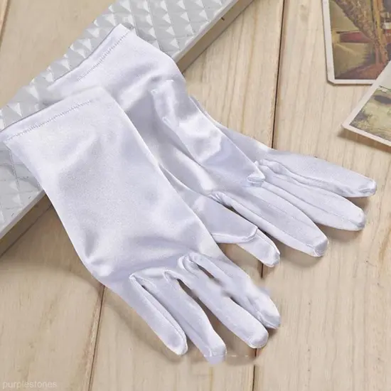 Short Smooth Satin Wrist Gloves for Evening Events White {1}