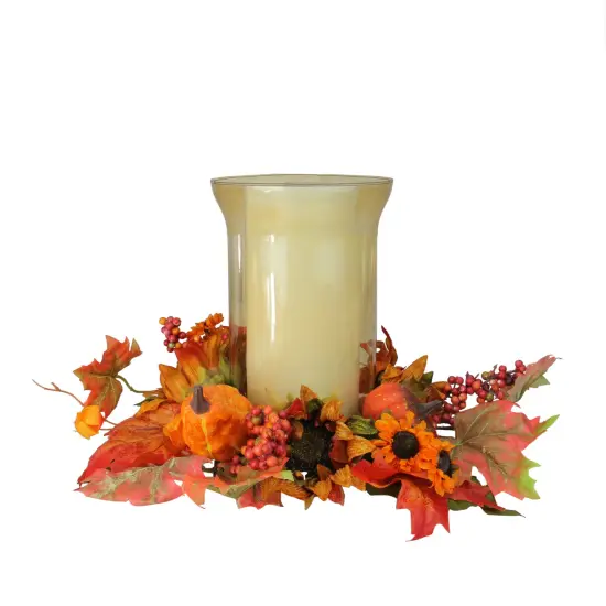 Northlight 16" Artificial Orange Fall Flowers and Pumpkins Pillar Candle Holder {4}