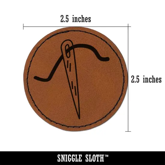 Sewing Needle and Thread Round Iron-On Engraved Faux Leather Patch Applique - 2.5" Brown {3}