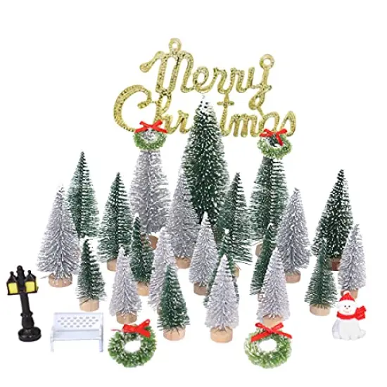 UNIPRIMEBBQ Mini Miniature Christmas Pine Tree Bottle Brush Trees Wooden Bases Tree for Your Village Desktop Xmas Holiday Party (Silver/Green 30pcs) {2}