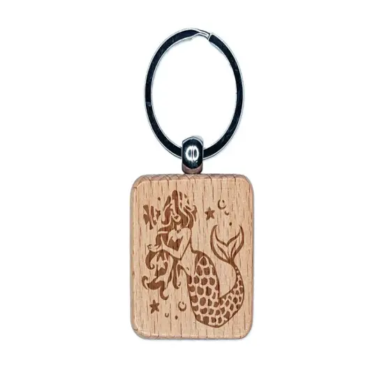Elegant Mermaid Maiden with Butterfly Fish Engraved Wood Square Keychain Tag Charm {1}