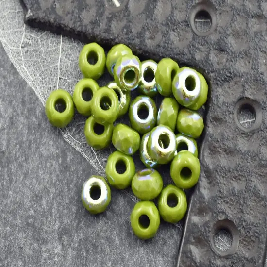 *25* 6x9mm Opaque Avocado Green AB Faceted Large Hole Rondelle Roller Beads {4}