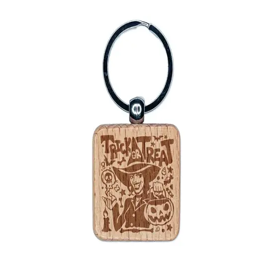 Trick or Treat Halloween Witch Engraved Wood Square Keychain Tag Charm {1}