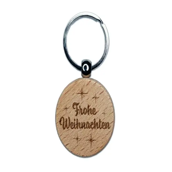 Frohe Weihnachten Merry Christmas German Starburst Engraved Wood Round Keychain Tag Charm {1}