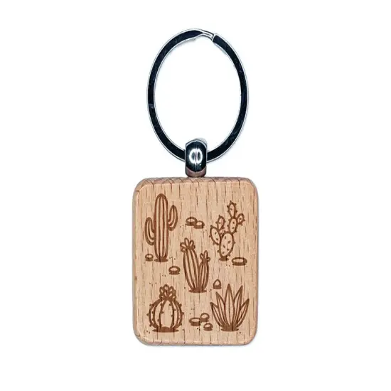 Cactuses Succulent and Stones Engraved Wood Square Keychain Tag Charm {1}