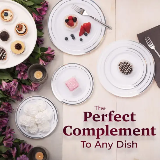 60 Silver Plastic Plates Disposable Heavy Duty Premium Plastic Plates, 30 Plastic Dinner Plates + 30 Dessert Appetizer Plates for Weddings, Fancy Disposable Plates for Party White Plastic Plates {4}