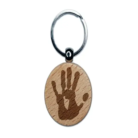 Left Hand Print Engraved Wood Round Keychain Tag Charm {1}