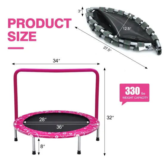 36 Inch Kids Trampoline Mini Rebounder with Full Covered Handrail Pink {4}
