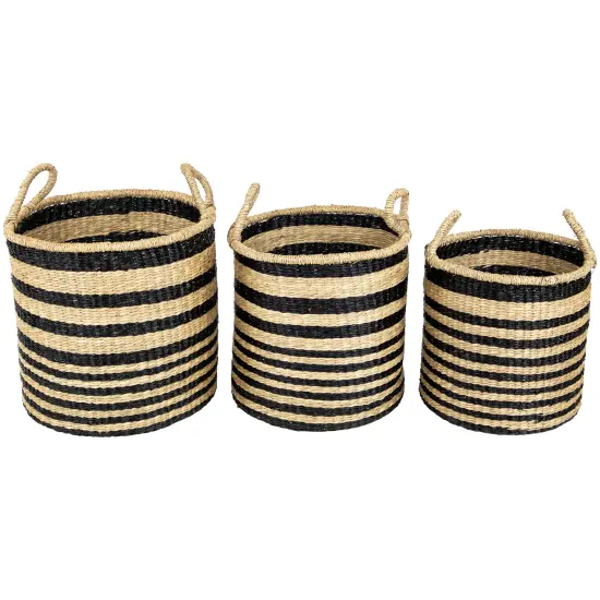 Northlight Set of 3 Khaki and Black Woven Seagrass Striped Storage Baskets with Handles 15.25" Beige {1}