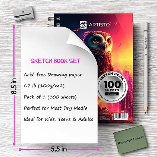 3 Pieces 5.5X8.5&rdquo; Premium Sketch Book Set, Pack of 3 (300 Sheets), 68lb (100g/m2), Spiral Bound, Acid-Free Drawing Paper, Perfect for Most Dry Media {5}