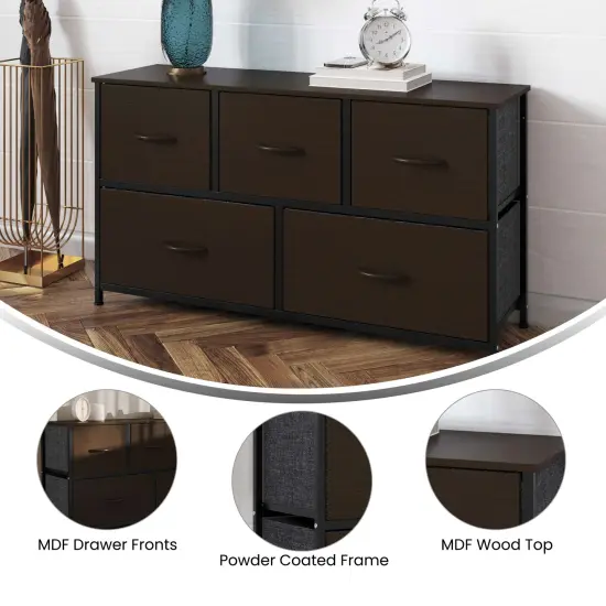 Emma and Oliver Marley 5 Drawer Storage Dresser with Cast Iron Frame, Wood Top, and Easy Pull Fabric Drawers with Wooden Handles BrownDrawer/Black {2}