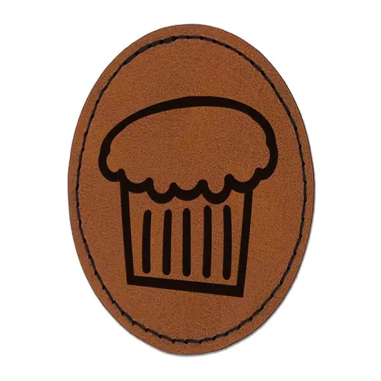 Cupcake Doodle Round Iron-On Engraved Faux Leather Patch Applique - 2.5" Brown {1}