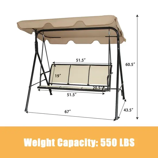 3 Person Patio Swing with Polyester Angle Adjustable Canopy Brown {4}
