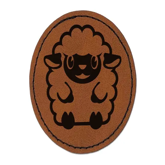 Cute Wooly Sheep Lamb Sitting Round Iron-On Engraved Faux Leather Patch Applique - 2.5" Brown {1}