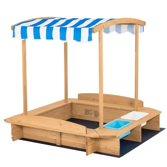 Kids Wooden Sandbox with Striped Canopy {1}