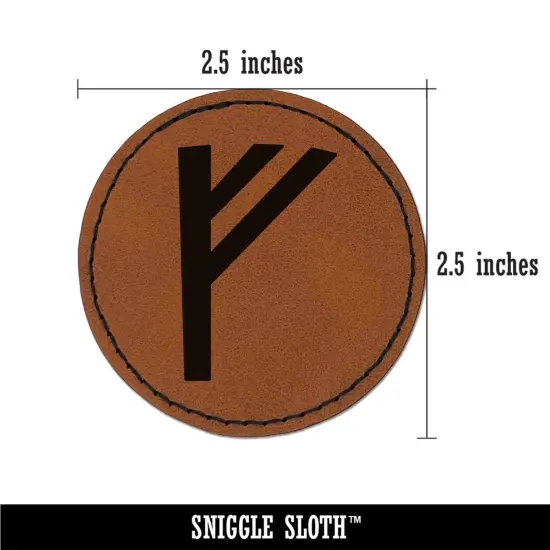Norse Viking Dwarven Rune Letter F Round Iron-On Engraved Faux Leather Patch Applique - 2.5" Brown {3}