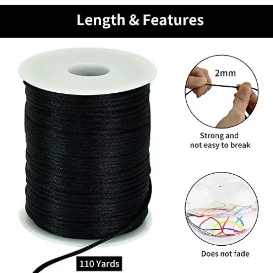 2 mm x 110 Yards Black Nylon Cord Satin String for Bracelet Jewelry Making Rattail Macrame Waxed Trim Cord Necklace Bulk Beading Thread Kumihimo Chinese Knot Craft {1}