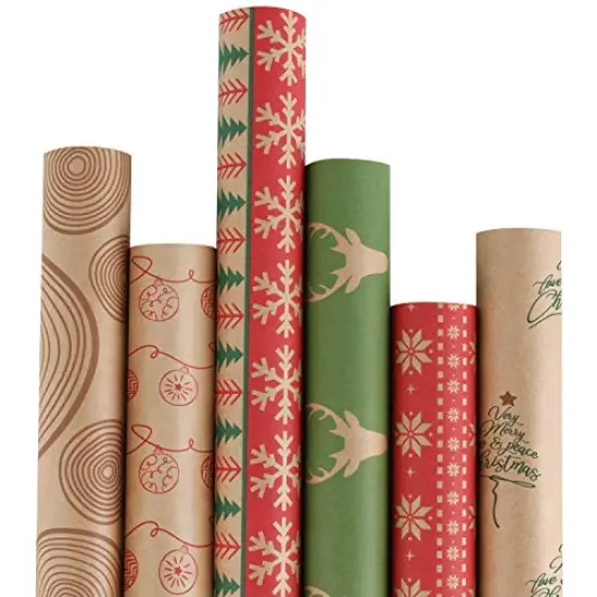 Christmas Wrapping paper - Brown Kraft Paper with Red and Green Pattern For -Christmas Elements Collection-6 Roll-30Inch X 10Feet Per Roll {3}