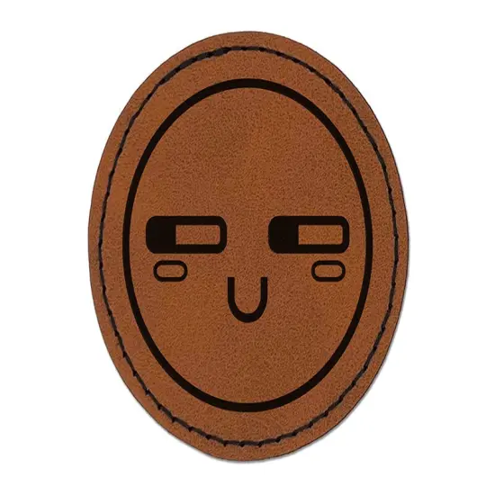 Kawaii Cute Suspicious Smile Round Iron-On Engraved Faux Leather Patch Applique - 2.5" Brown {1}