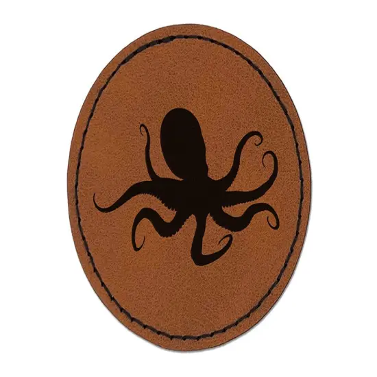 Octopus Solid Round Iron-On Engraved Faux Leather Patch Applique - 2.5" Brown {1}