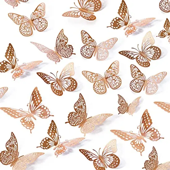 48 Pieces 3D Butterfly Wall Decor, 4 Styles 3 Sizes, Removable Metallic Wall Sticker Room Mural Decals for Kids Bedroom Nursery Classroom Party Decoration Wedding Decor DIY Gift (Rose Gold) {2}