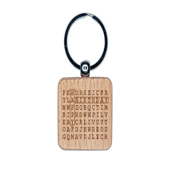 Word Search Birthday Engraved Wood Square Keychain Tag Charm {1}
