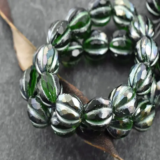 *12* 10mm Metallic Green Washed Emerald Green Faceted Round Melon Beads {4}