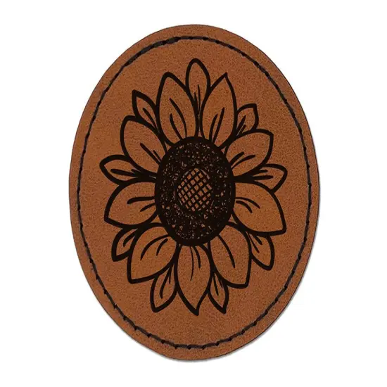 Cute Sunflower Doodle Round Iron-On Engraved Faux Leather Patch Applique - 2.5" Brown {1}