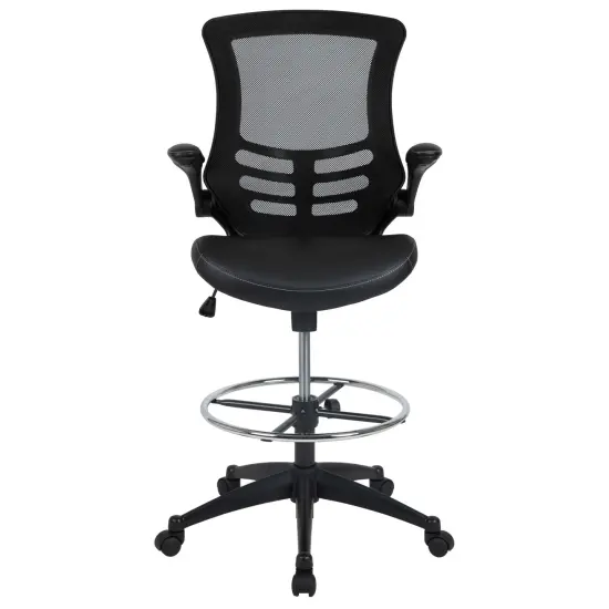 Emma and Oliver Mid-Back Mesh Ergonomic Drafting Chair with Foot Ring and Flip-Up Arms BlackMesh/BlackFrame {3}