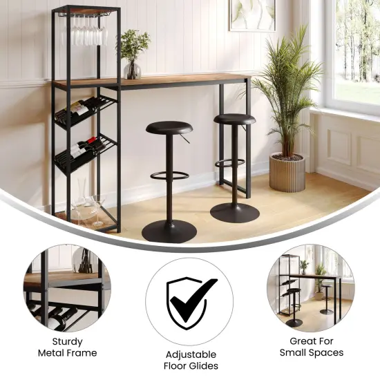 Merrick Lane Kramer Metal Bar and Wine Table with Bottle Storage and Hanging Stemware Holders LightBrownTop/Black {2}