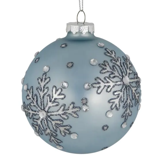 Northlight Mirror Glittered Snowflakes Christmas Glas Ball Ornaments - 4" - Steel Blue - Set of 2 {7}